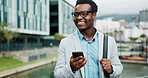 Happy, phone and business black man in city online for morning commute, travel and journey to office. Nigeria, corporate and person on smartphone for networking, connection and internet in town