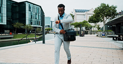 Buy stock photo Black man, city and running late with watch, rush or commute fail with speed to business office. Schedule, time management and fast journey to workplace, check clock or outdoor with morning delay