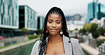 Travel, portrait and business with black woman in city for property developer, confidence and professional. Happiness, real estate agent and commute with person outdoors for career, pride and urban