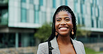 Smile, travel and business with black woman in city for property developer, confidence and professional. Happiness, real estate agent and commute with person outdoors for career, pride and urban