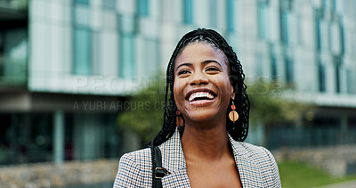 Buy stock photo Laugh, travel and business with black woman in city for property developer, confidence and professional. Happiness, real estate agent and commute with person outdoors for career, pride and urban