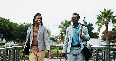 Buy stock photo Walking, suitcase and African business people in city for commute, travel and arrival for meeting. Corporate, professional and man and woman with luggage in town for journey, destination and trip