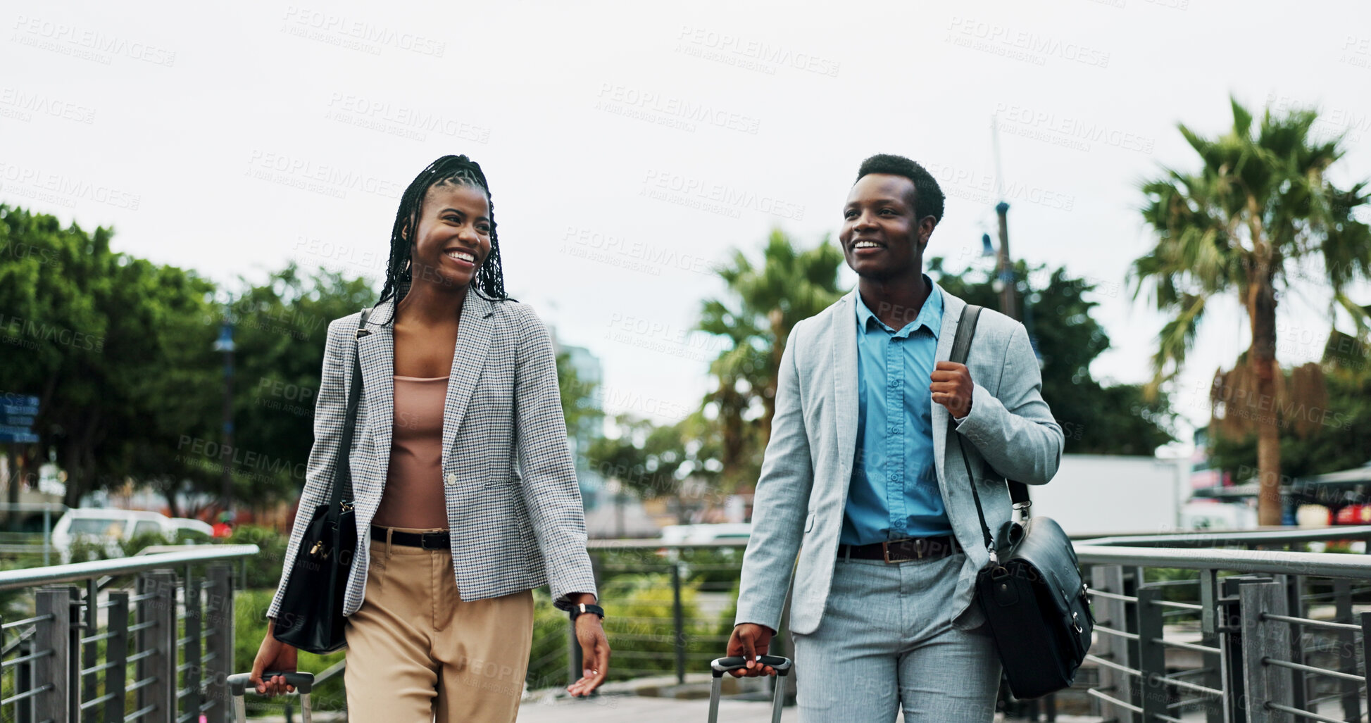 Buy stock photo Walking, suitcase and African business people in city for commute, travel and arrival for meeting. Corporate, professional and man and woman with luggage in town for journey, destination and trip
