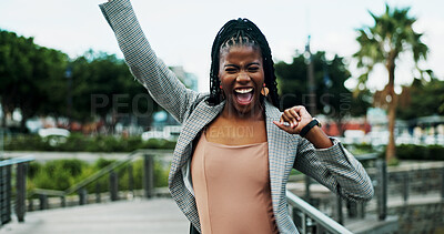 Buy stock photo Black woman, excited or business in city with success, winning or happiness for career opportunity in real estate. Female realtor, cheers or smile for achievement outdoor, victory or job promotion