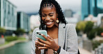 Black woman, city and excited with phone for online giveaway, winning or social media promotion. Bonus, reward or good news in email, female person and happiness outdoor for feedback on mobile app