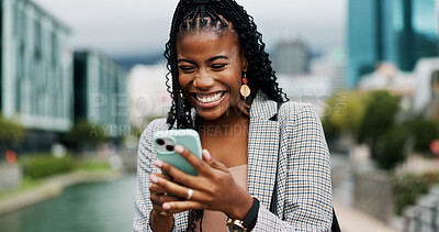 Buy stock photo Black woman, city and excited with phone for online giveaway, winning or social media promotion. Bonus, reward or good news in email, female person and happiness outdoor for feedback on mobile app
