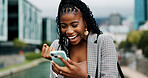 Black woman, city and happy surprise with phone for online giveaway, fist or social media promo. Bonus, reward or good news in email, opportunity and happiness outdoor for feedback on mobile app