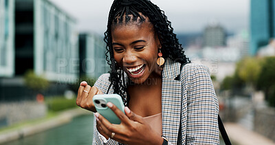Buy stock photo Black woman, city and happy surprise with phone for online giveaway, fist or social media promo. Bonus, reward or good news in email, opportunity and happiness outdoor for feedback on mobile app