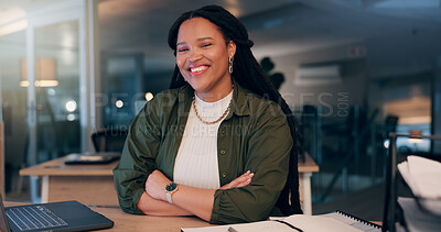 Buy stock photo Smile, night and business with black woman in office with laptop for budget research, financial records and overtime. Review deadline, asset management and portrait of person in agency for audit