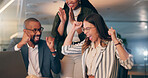 Woman, team and celebration with laptop at office, night and applause for goals, winning or profit at startup. People, group and happy with cheers, bonus and success with project at creative agency