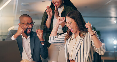 Buy stock photo Woman, team and celebration with laptop at office, night and applause for goals, winning or profit at startup. People, group and happy with cheers, bonus and success with project at creative agency