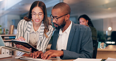 Buy stock photo Meeting, colleagues and people with tablet, office and review of project on website and collaboration. Business, media manager and teamwork with tech for brainstorming, man and woman with research