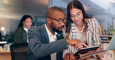 Buy stock photo Collaboration, colleagues and people with tablet, office and review of project on website and meeting. Business, media manager and teamwork with tech for brainstorming, man and woman with research