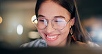 Computer night and businesswoman in office with deadline for creative project with publishing. Happy, glasses and female magazine editor online for blog or website with technology in workplace.
