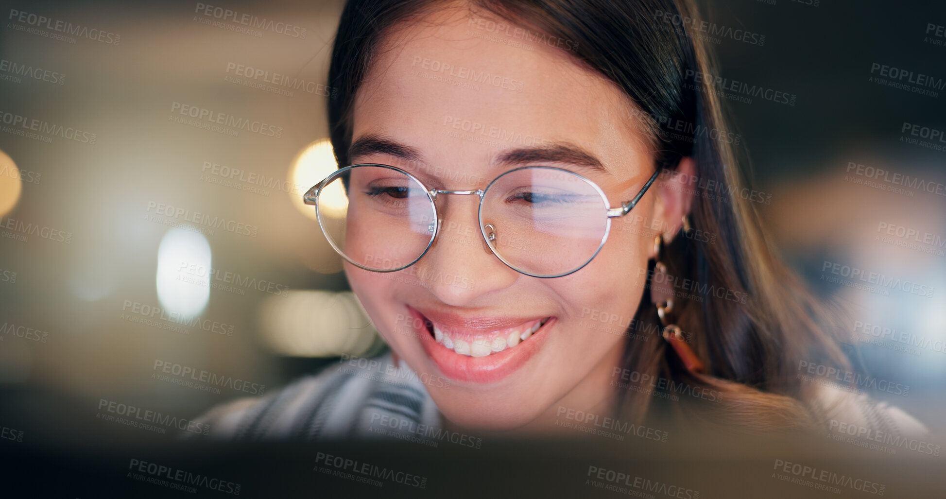 Buy stock photo Computer, night and businesswoman in office with deadline for creative project with publishing. Happy, glasses and female magazine editor online for late blog or website with technology in workplace.