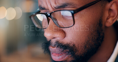 Buy stock photo Black man, frustrated and closeup at night, office or angry with glitch, error or overtime at media company. Person, editor or writer with glasses for deadline, stress or time management at agency