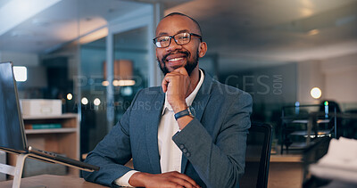 Buy stock photo Glasses, portrait and business with black man in office with laptop for budget research, financial records and overtime. Review deadline, asset management and person in agency at night for audit
