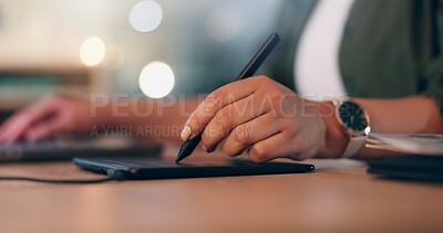 Buy stock photo Designer, hands and graphics tablet with stylus for logo design, draft editing and brand campaign layout. Bokeh, interactive and woman with drawing for creative project and digital marketing website