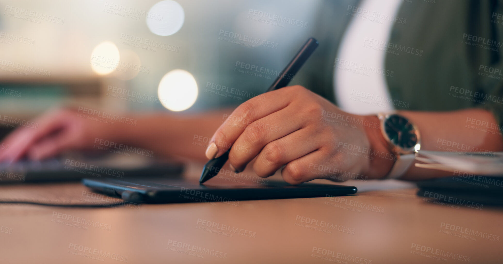 Buy stock photo Designer, hands and graphics tablet with stylus for logo design, draft editing and brand campaign layout. Bokeh, interactive and woman with drawing for creative project and digital marketing website