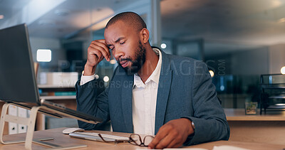 Buy stock photo Black man, headache and glasses at night, office or rest with eye fatigue, burnout or overtime at media company. Person, editor or writer with migraine, exhausted or frustrated with vertigo at agency