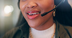 Mic, mouth and talk at office, call center and tech for customer support, job or advice at night. Person, agent or virtual consultation on voip, contact us and headset for career at startup company