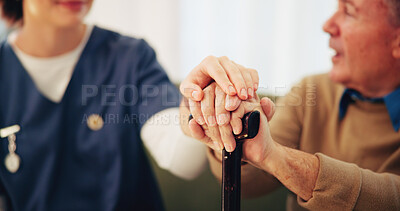 Buy stock photo Senior man, cane and holding hands with nurse for support, health or help in retirement home. Caregiver, comfort and person with disability with walking stick for medical assistance, empathy or trust