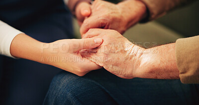 Buy stock photo Holding hands, therapy and caregiver with senior patient for consulting in closeup, nursing home or retirement. Wellness, healthcare and touching elderly person for compassion, empathy or medic help
