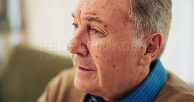 Buy stock photo Thinking, regret and elderly man with anxiety in retirement home, living room or house with dementia. Stress, worried and lonely senior male person with Alzheimers, sad memory nostalgia or depression