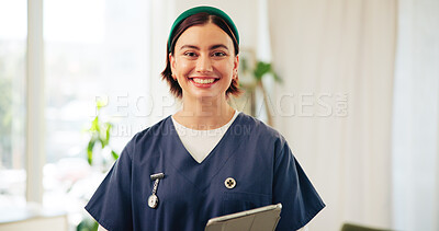 Buy stock photo Portrait, caregiver and woman with tablet, confident and happy to help in nursing home or internship. Healthcare, medical professional and nurse with tech for service, consultant and person in USA