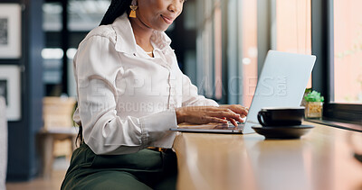 Buy stock photo Business, hands and woman on laptop in cafe for typing, writing corporate proposal and remote work with coffee. Report, feedback or email response for admin, info or out of office research in diner