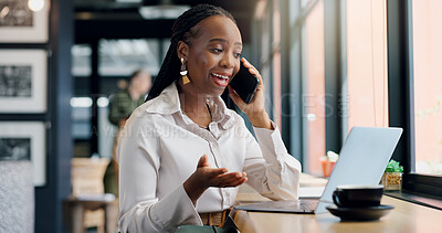 Buy stock photo Business. laptop and phone call with black woman in cafe for communication or remote work. Computer, conversation and smile of employee in coffee shop or restaurant for freelance career as customer