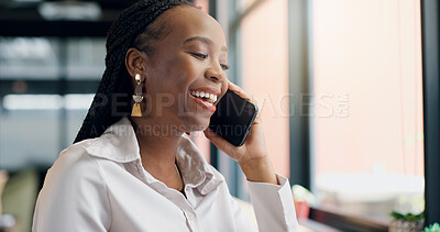 Buy stock photo Business. laughing and phone call with black woman in coffee shop for communication or remote work. Conversation, funny and smile of employee in cafe or restaurant for freelance career as customer
