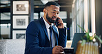 Business. laptop and phone call with black man in coffee shop for communication or remote work. Computer, conversation and drink with employee in cafe or restaurant for freelance career as customer