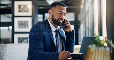 Buy stock photo Business, laptop and phone call with black man in coffee shop for communication or remote work. Computer, conversation and drink with employee in cafe or restaurant for freelance career as customer