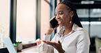 Business. laptop and phone call with black woman in coffee shop for communication or remote work. Computer, conversation and smile of employee in cafe or restaurant for freelance career as customer