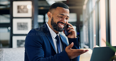 Buy stock photo Happy, laptop and phone call with businessman in coffee shop for communication or remote work. Computer, conversation and smile of employee in cafe or restaurant for freelance career as customer
