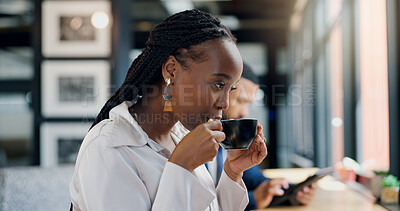 Buy stock photo Black woman, business with coffee and drinking in cafe for break, morning caffeine and relax with warm beverage. Espresso, cappuccino or enjoy tea with corporate professional and calm with taste