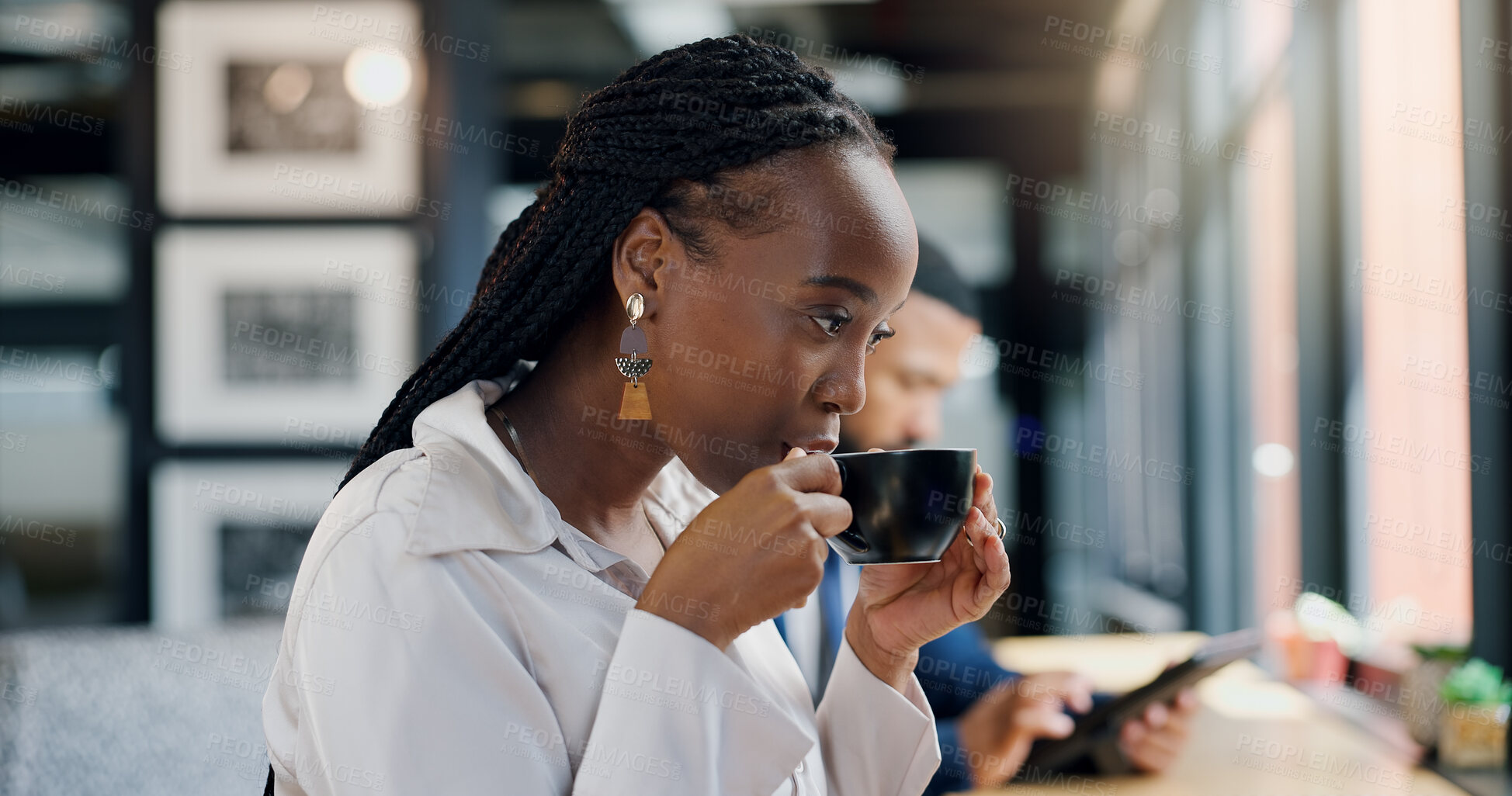 Buy stock photo Black woman, business with coffee and drinking in cafe for break, morning caffeine and relax with warm beverage. Espresso, cappuccino or enjoy tea with corporate professional and calm with taste