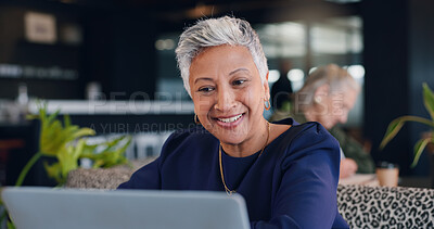 Buy stock photo Laptop, reading and smile of woman in coffee shop for hospitality, remote work or research. Computer, planning and small business startup with mature employee in cafe or restaurant as freelancer