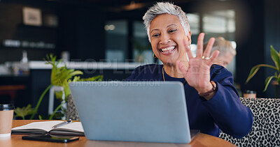 Buy stock photo Laptop, smile and video call with woman in coffee shop for hospitality, remote work or virtual meeting. Computer, small business startup and wave with mature freelance employee in cafe or restaurant