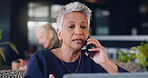 Mature woman, business and phone call in cafe, laptop for article info with communication or journalist contact. Mobile conversation, review or feedback with lead for story or remote work research
