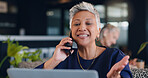 Happy woman, business and phone call in cafe, laptop for article info with communication or mature journalist. Mobile contact, review or feedback, person with lead for story or remote work research