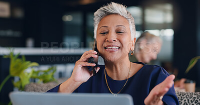 Buy stock photo Happy woman, business and phone call in cafe, laptop for article info with communication or mature journalist. Mobile contact, review or feedback, person with lead for story or remote work research