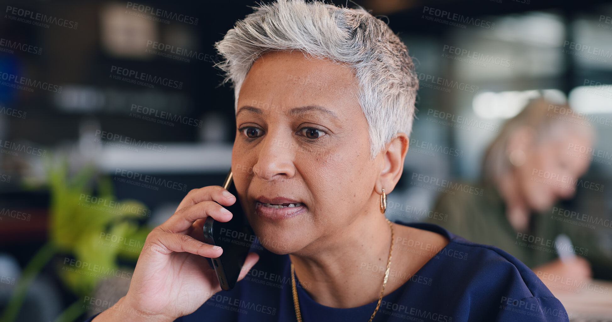 Buy stock photo Business, phone call and problem solving with woman in coffee shop for crisis, hospitality or remote work. Computer, negotiation and planning with mature employee in cafe or restaurant as freelancer