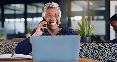 Buy stock photo Happy woman, laughing and phone call in cafe, laptop for article info with communication or mature journalist. Funny mobile contact, review or feedback, business lead for story or remote research