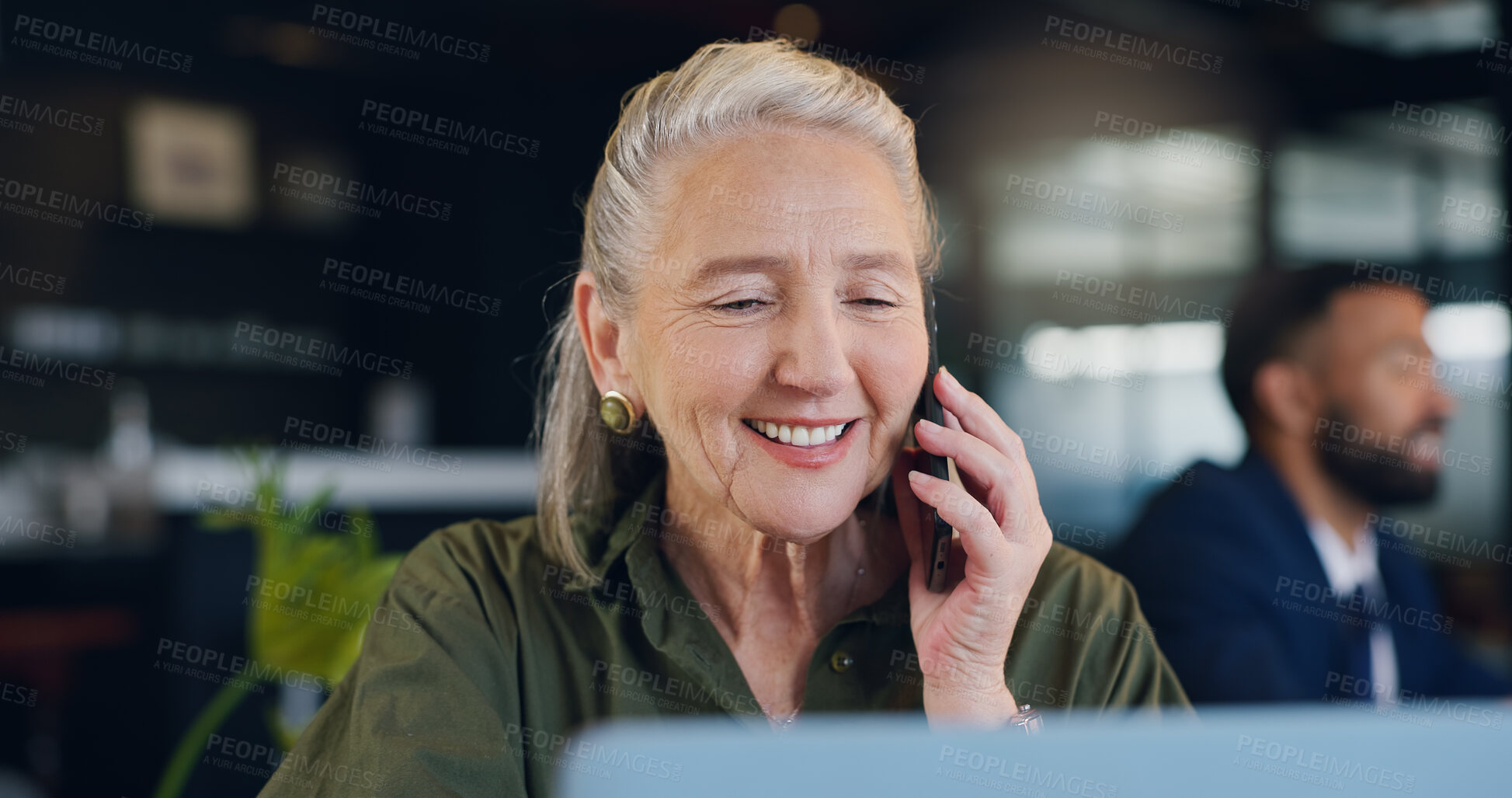 Buy stock photo Business woman, phone call and laptop for discussion, mature journalist with communication and article info. Mobile contact, online review or feedback with lead for story or  research with smile