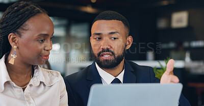 Buy stock photo Woman, man and laptop for meeting at coffee shop with discussion, review and project management. People, computer and consulting for business plan with proposal, questions and advice at cafeteria