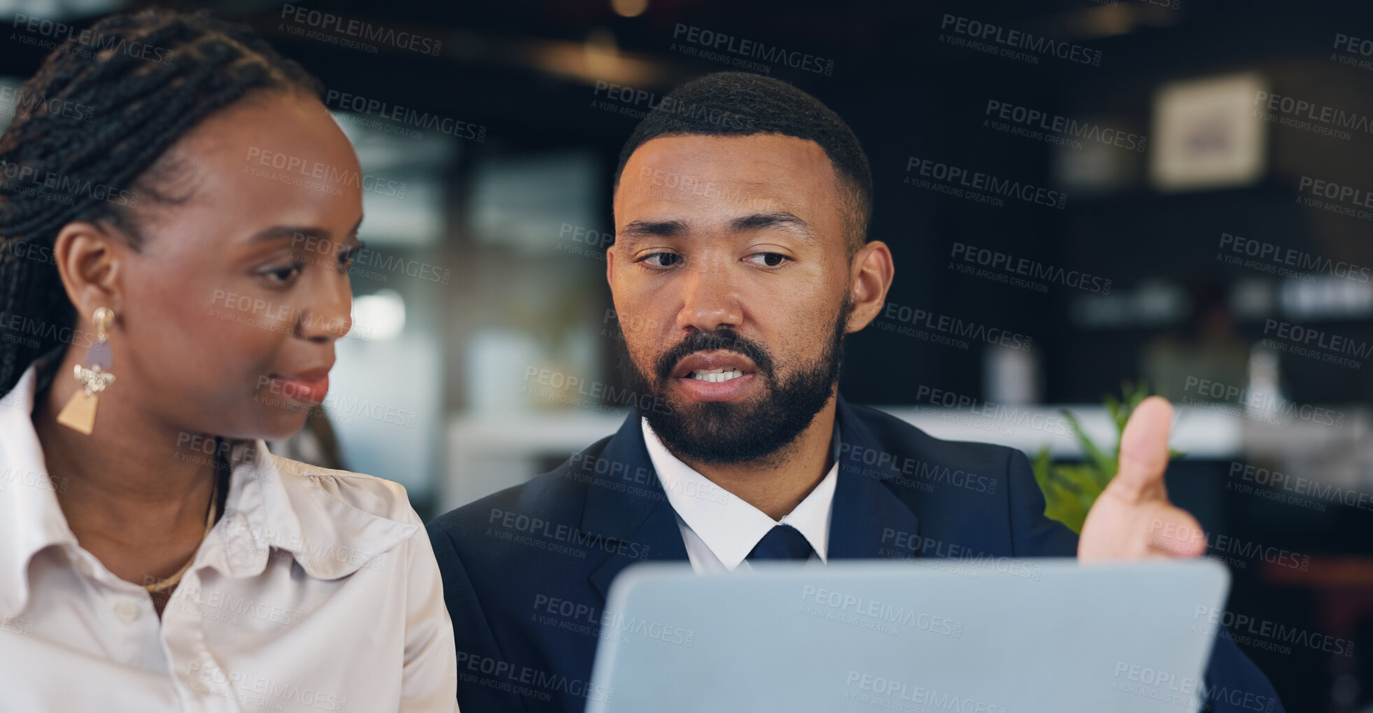 Buy stock photo Woman, man and laptop for meeting at coffee shop with discussion, review and project management. People, computer and consulting for business plan with proposal, questions and advice at cafeteria