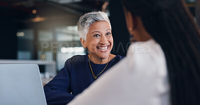 Buy stock photo Mature woman, business and happiness with team discussion, positive feedback or investment for project. Conversation, communication and collaboration with laptop for online review or funding approval