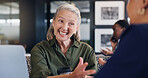 Mature woman, happy and meeting in cafe with team discussion, project management and positive feedback. Strategy, collaboration and excited for business proposal,  out of office planning and advice